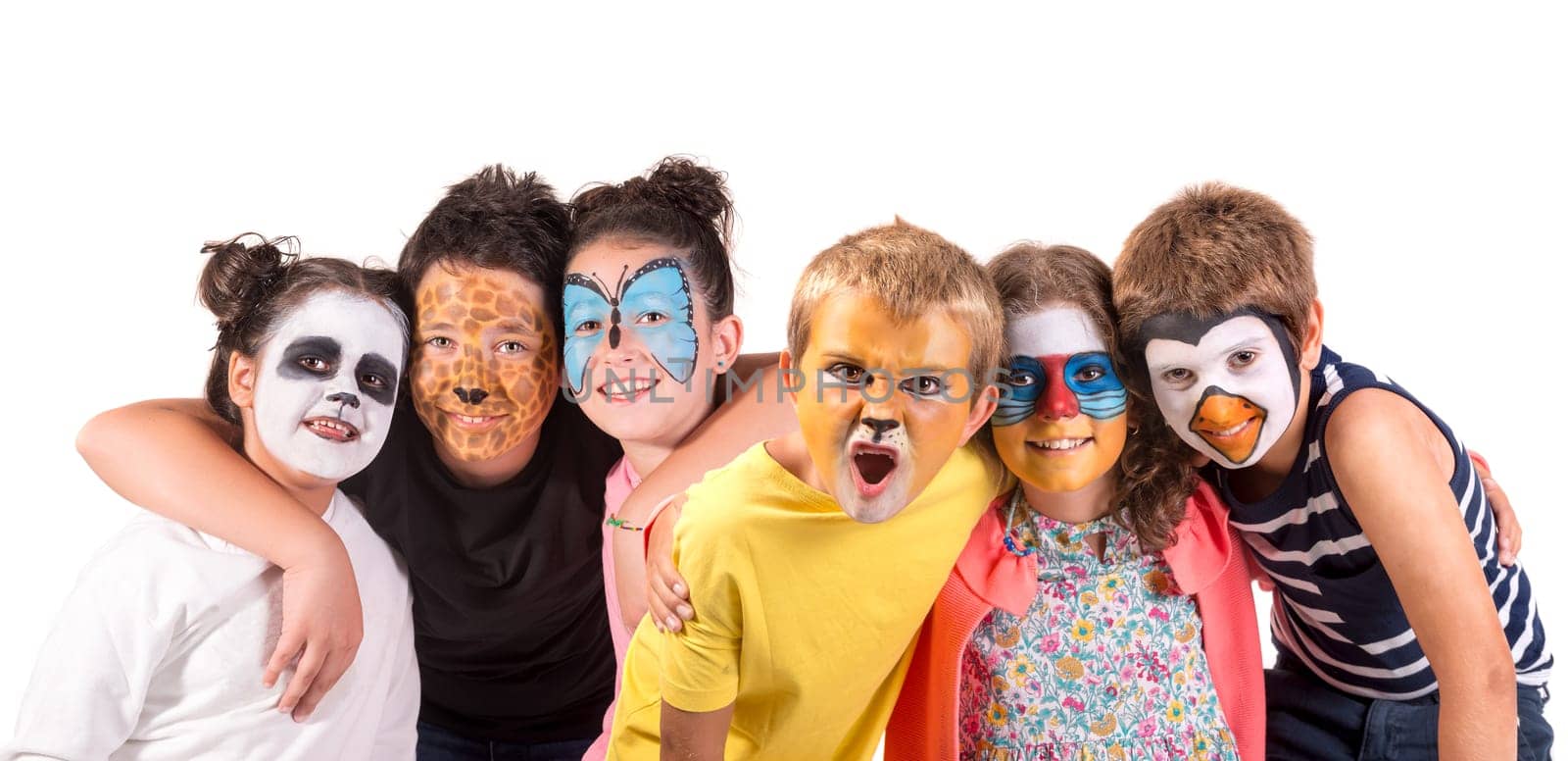 Children's group with animal face-paint isolated in white
