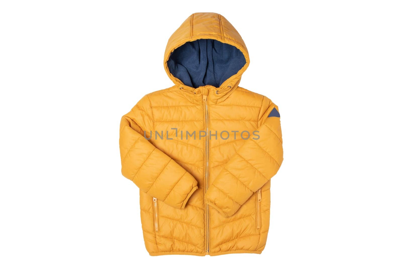 Childrens winter jacket. Stylish childrens yellow warm down jacket isolated on white background. Winter fashion.
