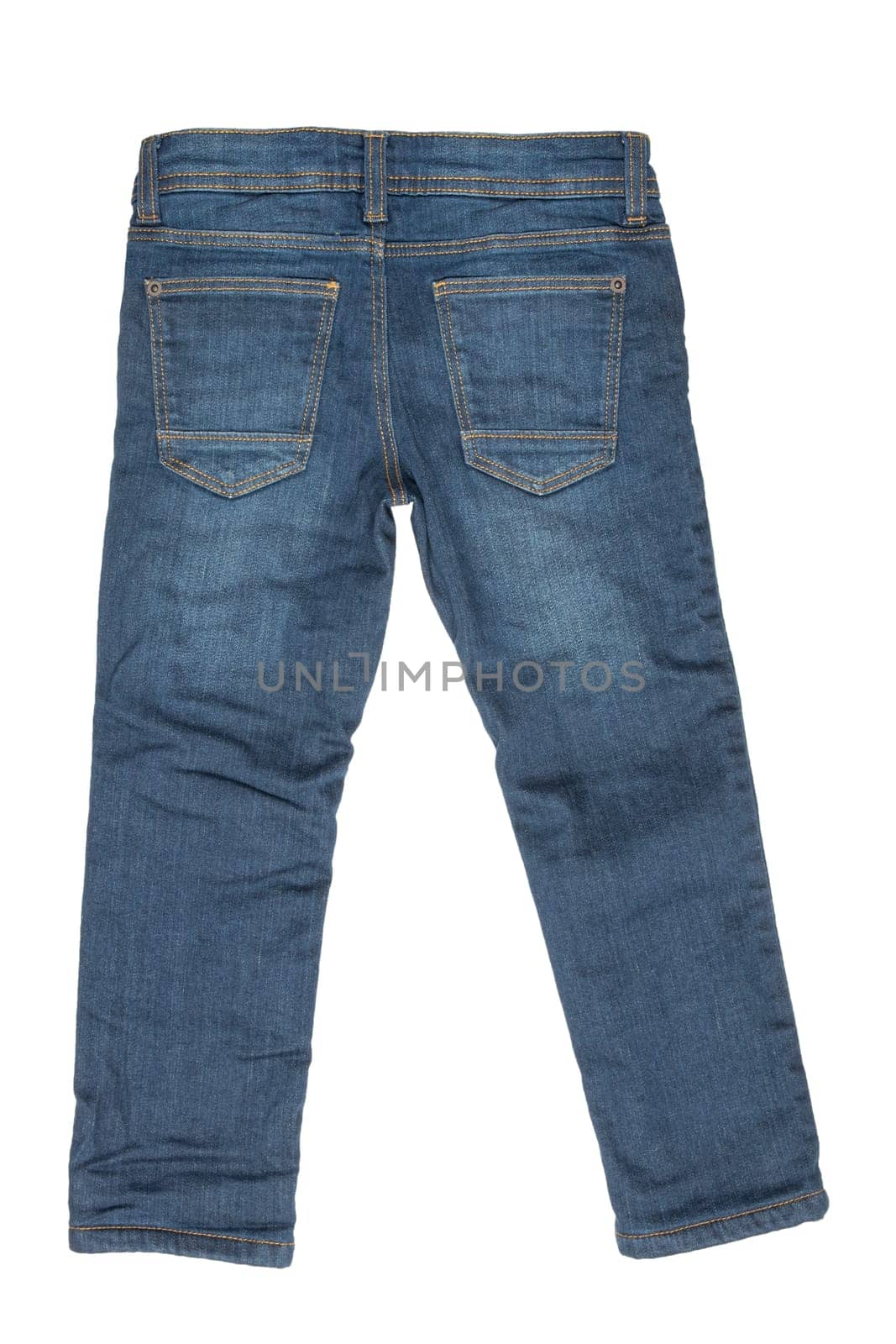 Fashionable lined Thermojeans. Trendy warm stretch blue jeans trousers isolated on white background. Fashionable jeans for child boy. Winter jeans fashion.