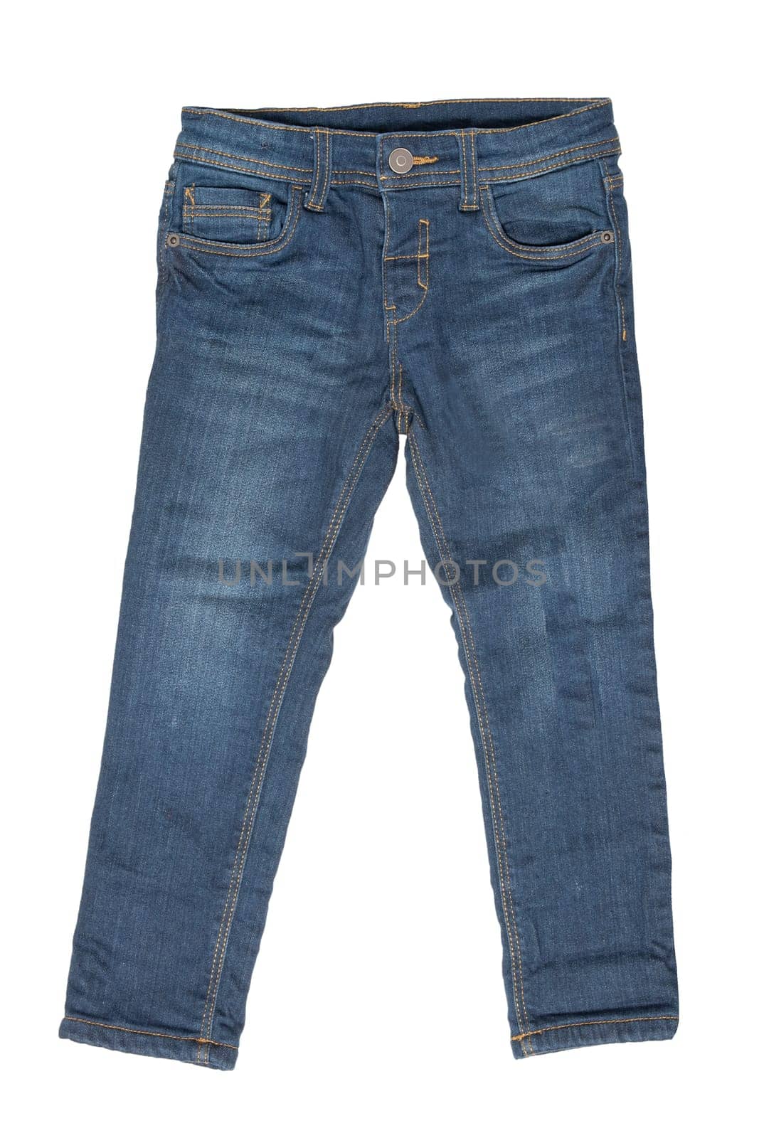 Fashionable lined Thermojeans. Trendy warm stretch blue jeans trousers isolated on white background. Fashionable jeans for child boy. Winter jeans fashion.
