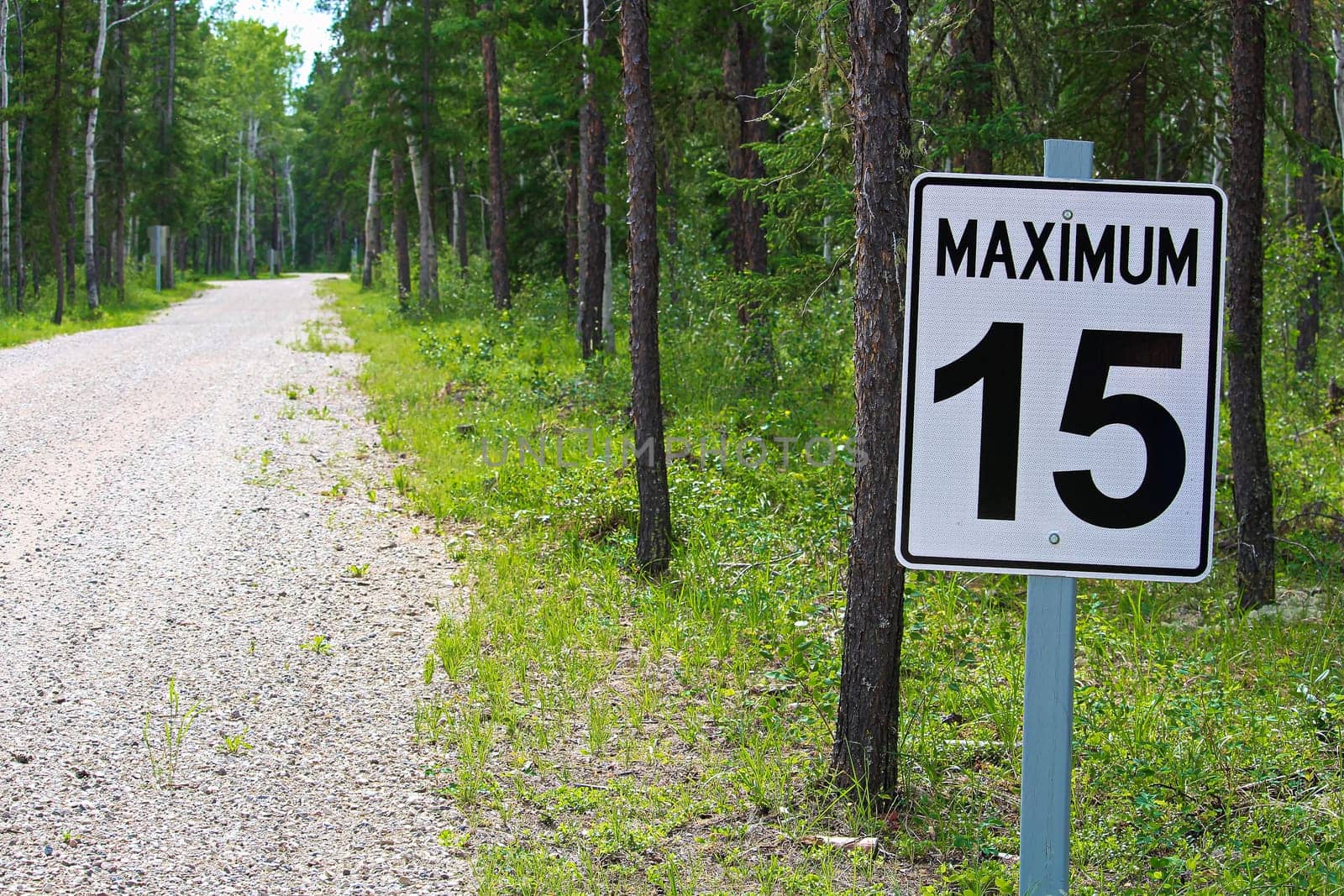 A maximum 15 speed limit sign along a gravel road.