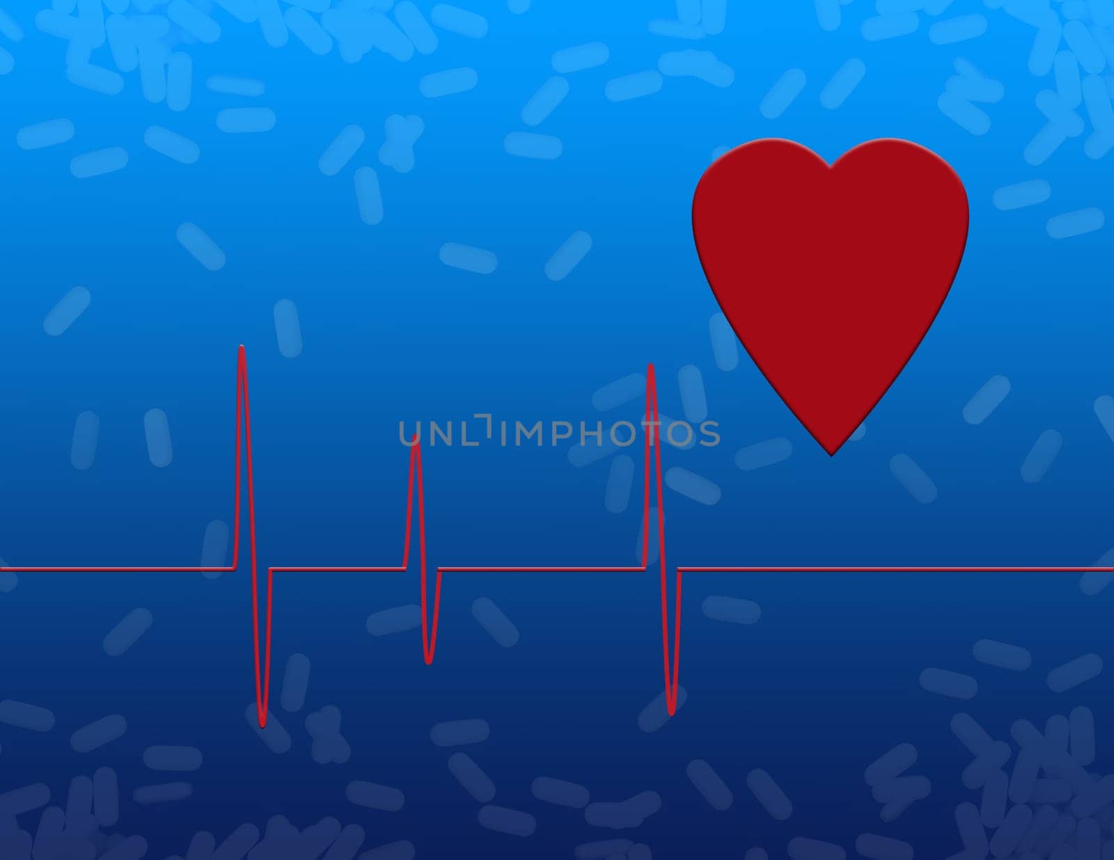 Heartbeat cardiogram. Pills on background