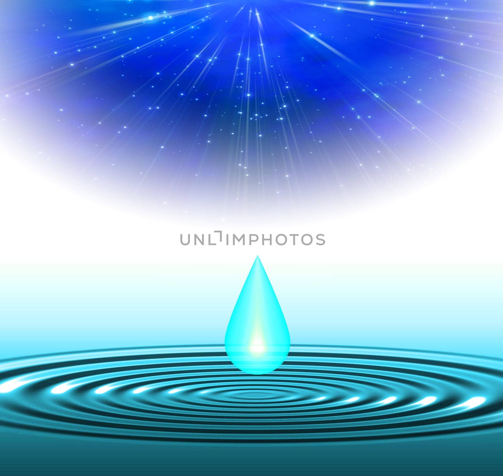Water drop. Shining light comes from the stars