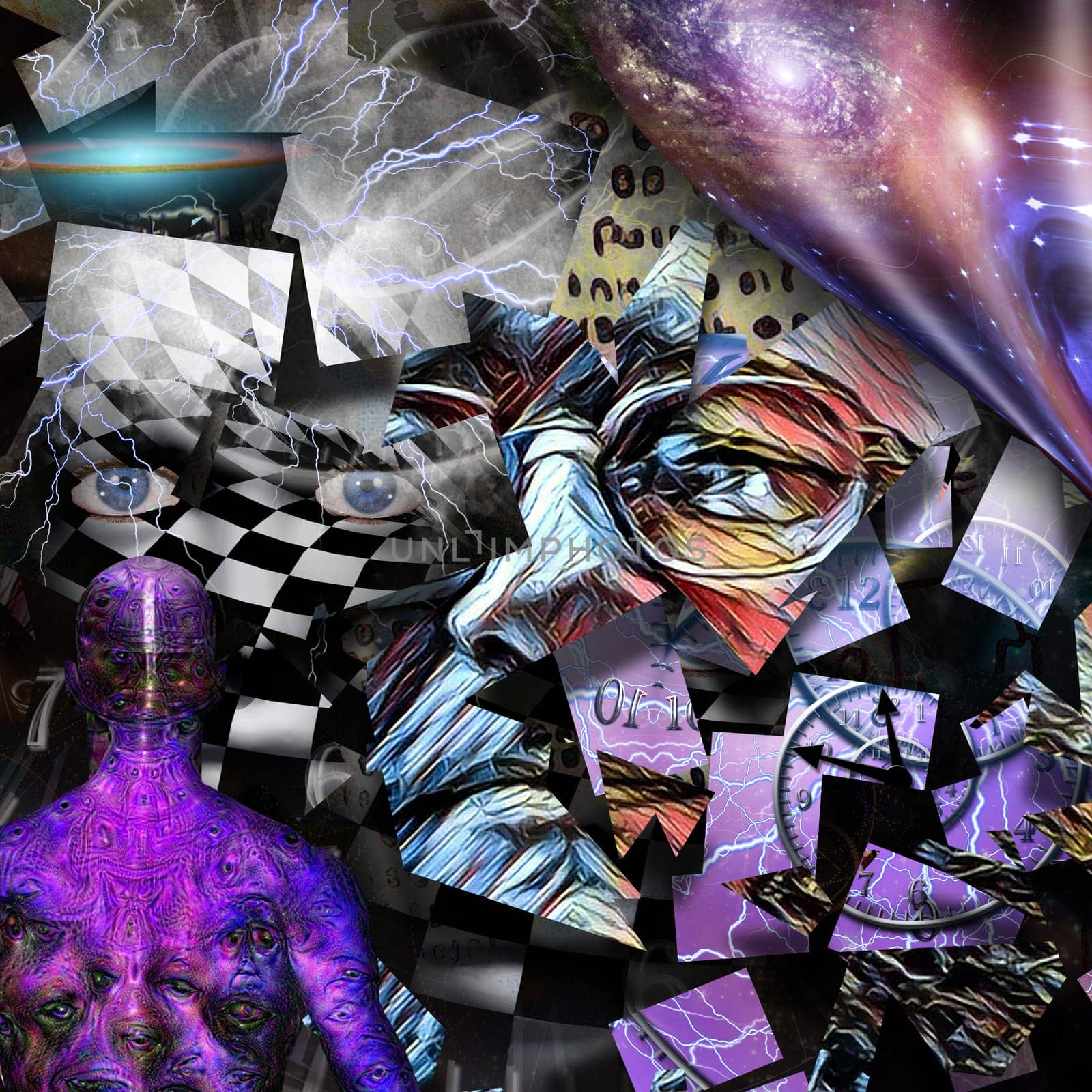 Surreal composition. Piece of mind. Fragments of human faces, warped space and time spirals