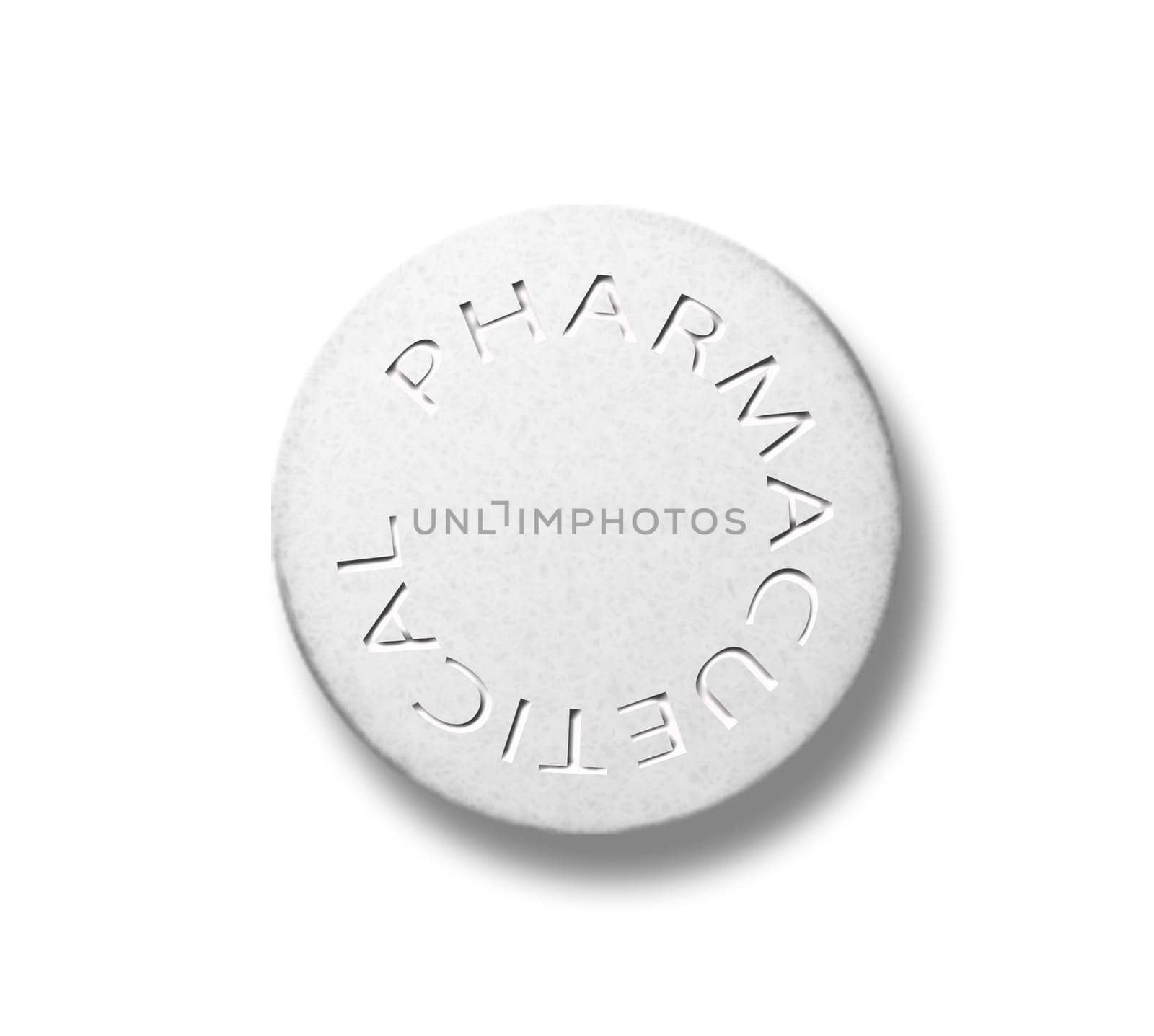 Big pharma. Round pill with word pharmaceutical