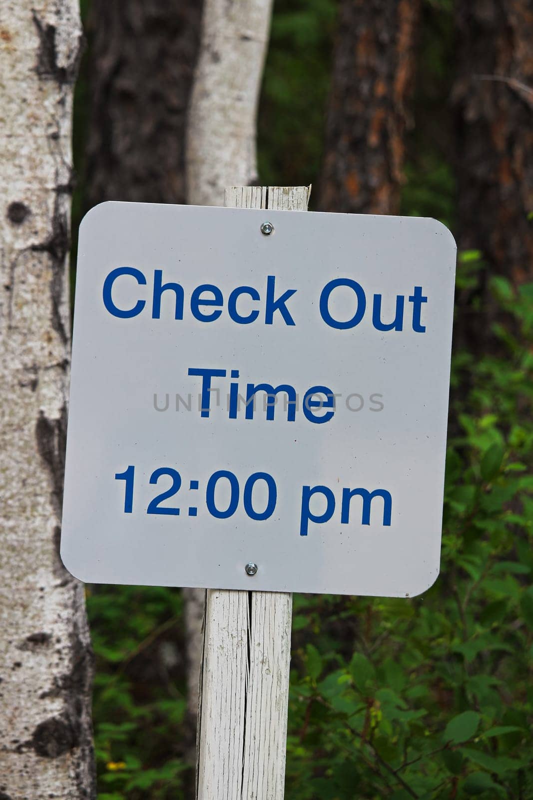 A sign indication check-out time is 12:00 pm.