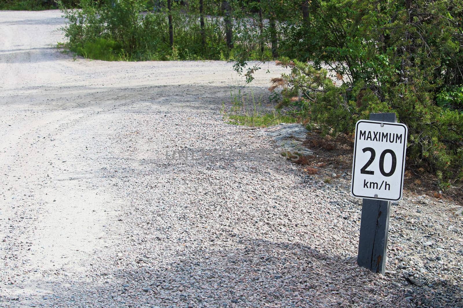 A maximum 20 km per hour sign along a gravel road.