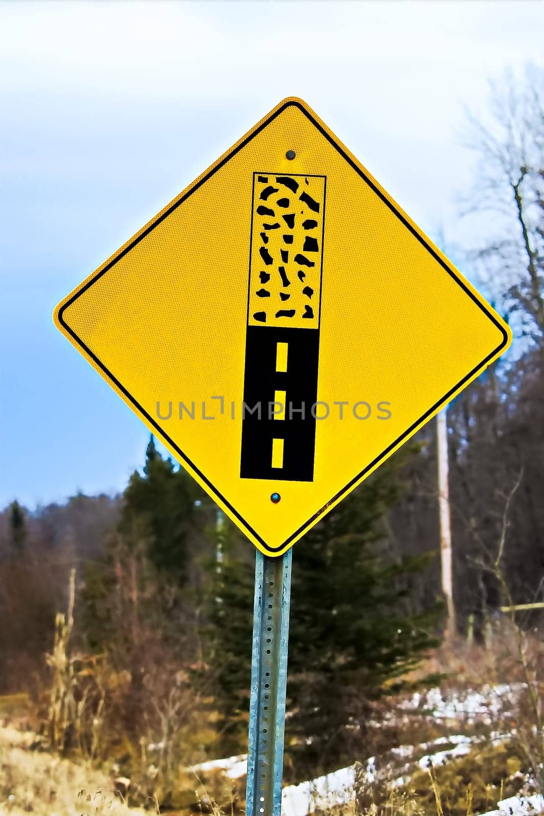 Pavement ends warning sign on a back road.