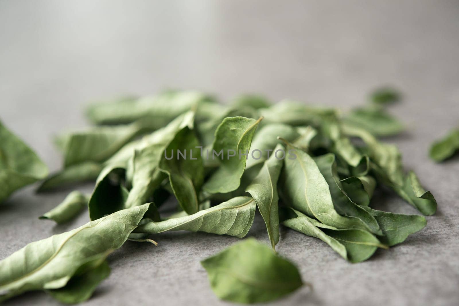 Close up dried curry leaves, Indian spices on grey background.