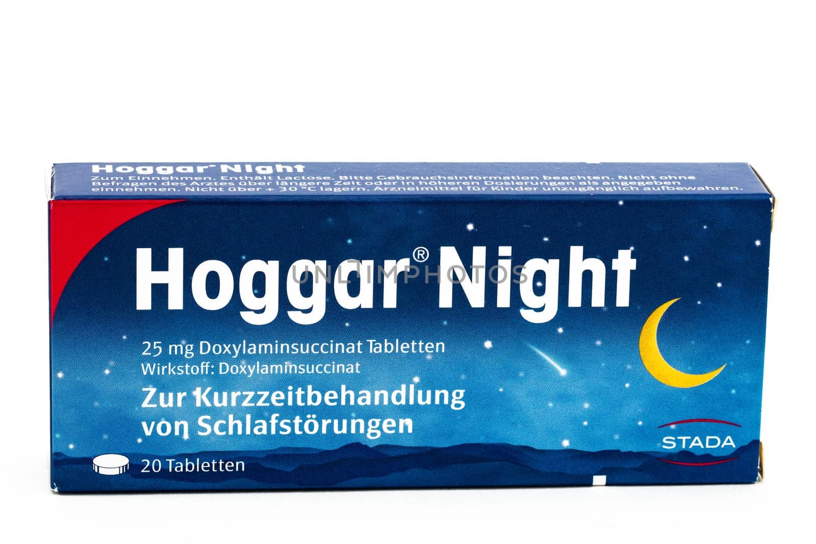 HUETTENBERG, GERMANY,19 JULY 2018: Hoggar Night Sleeping Pills on white background.