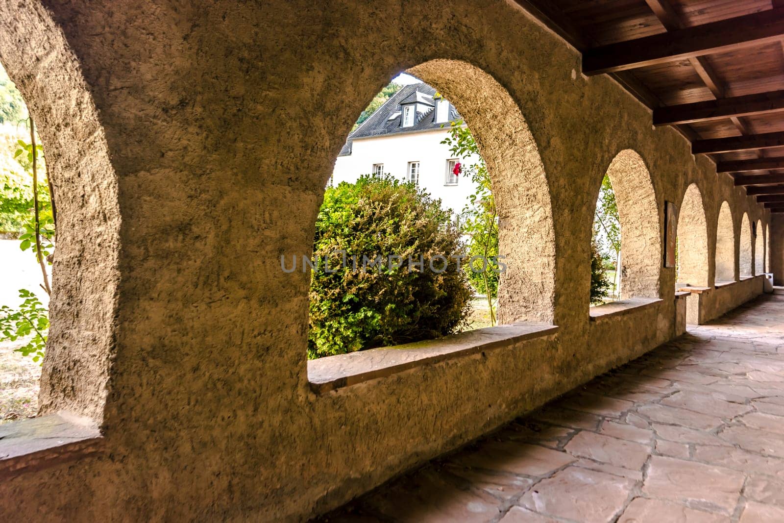 Historic Monastery Corridor in detail with archway