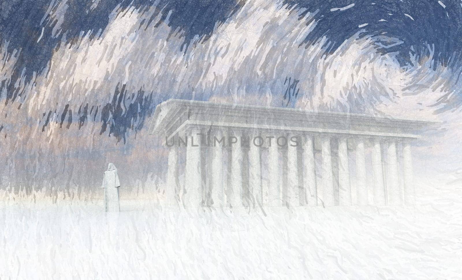 Surreal digital art. Priest attends to the White temple.