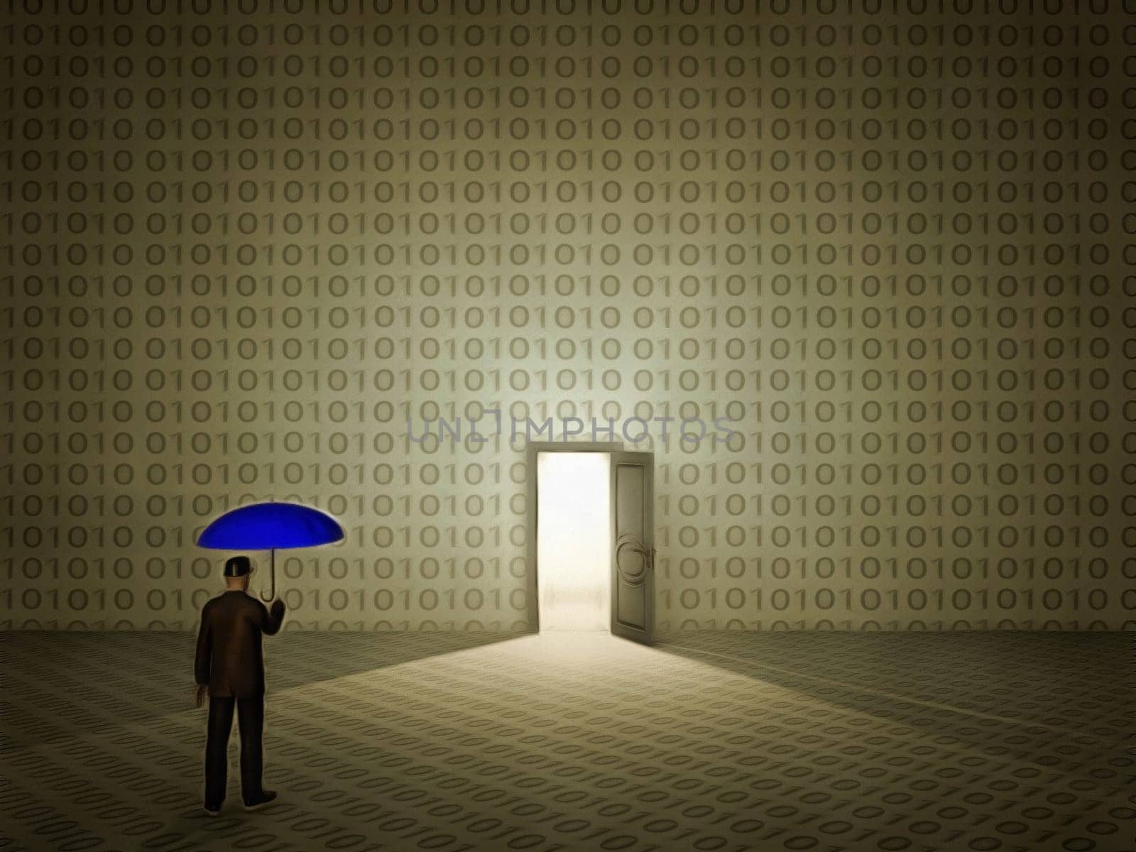 Surreal painting. Man with umbrella stands before door in wall with binary code.