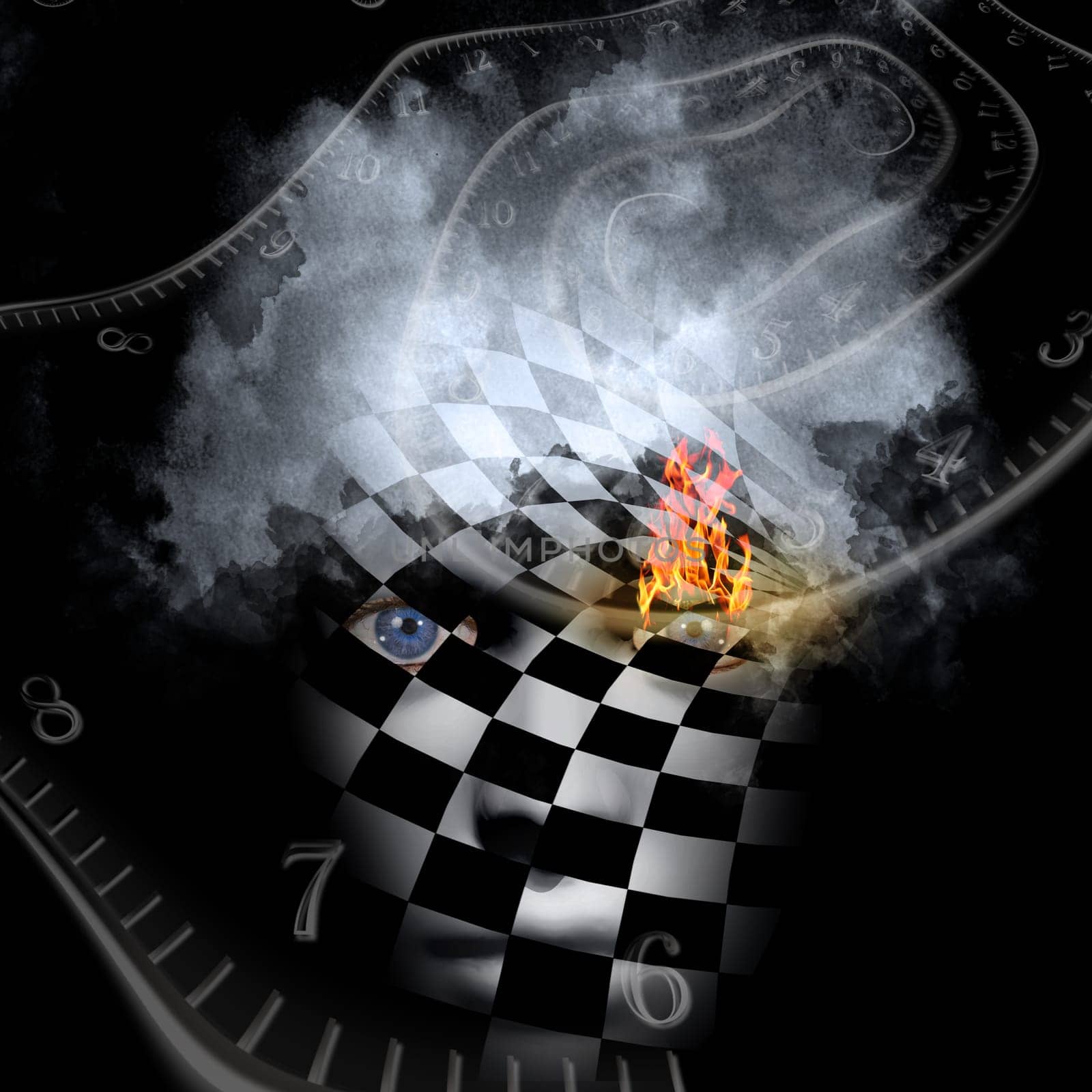 Burning minds. Surrealism and symbolism. Time spirals and checkered face with eye in flames