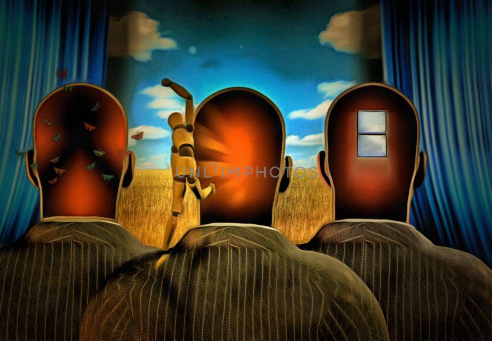 Surreal consciousness. Men with dreams in their head stands before drapes. Field behind drapes.