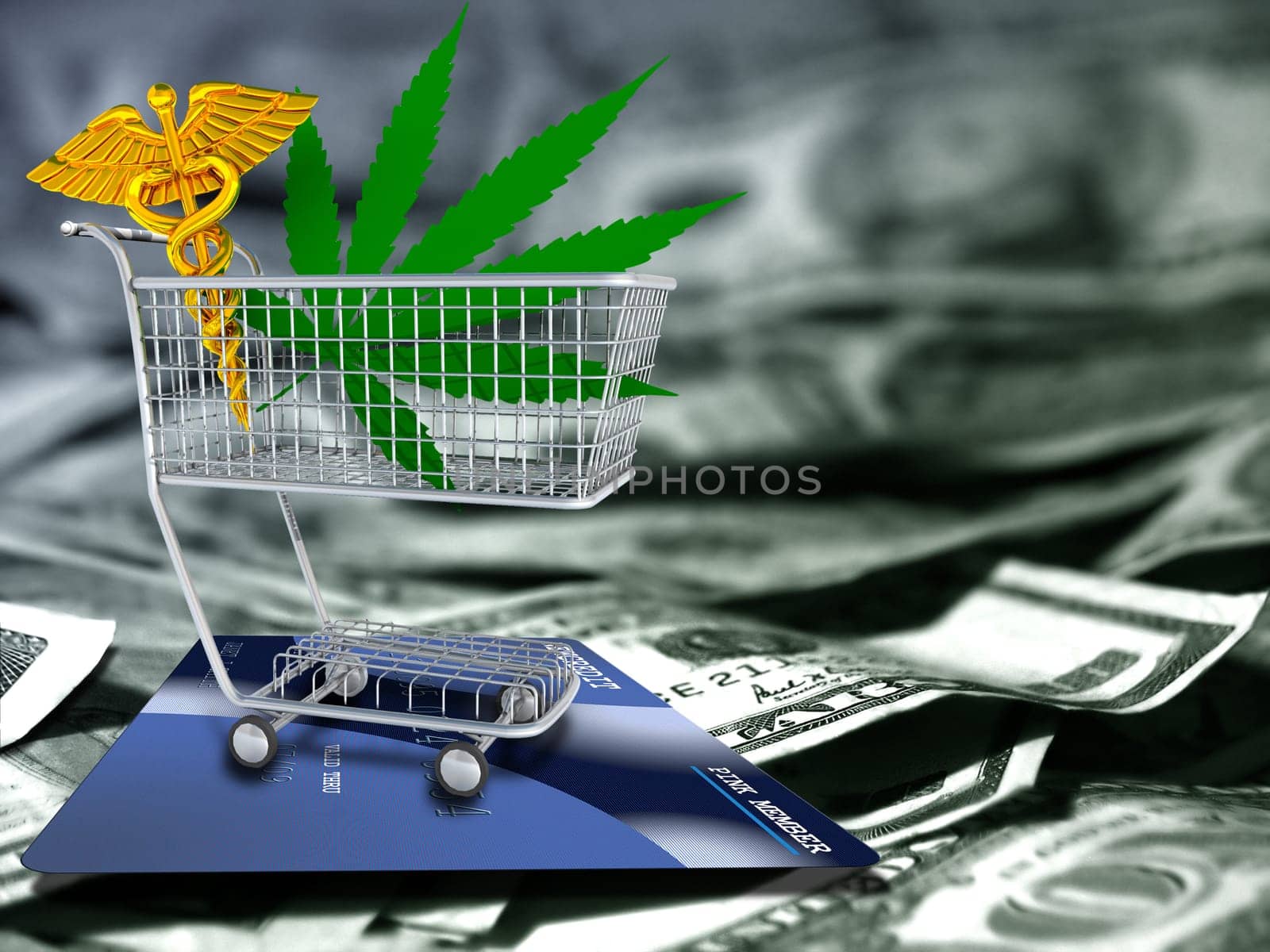 Marijuana leaf and caduceus in a cart. US dollars and credit card.