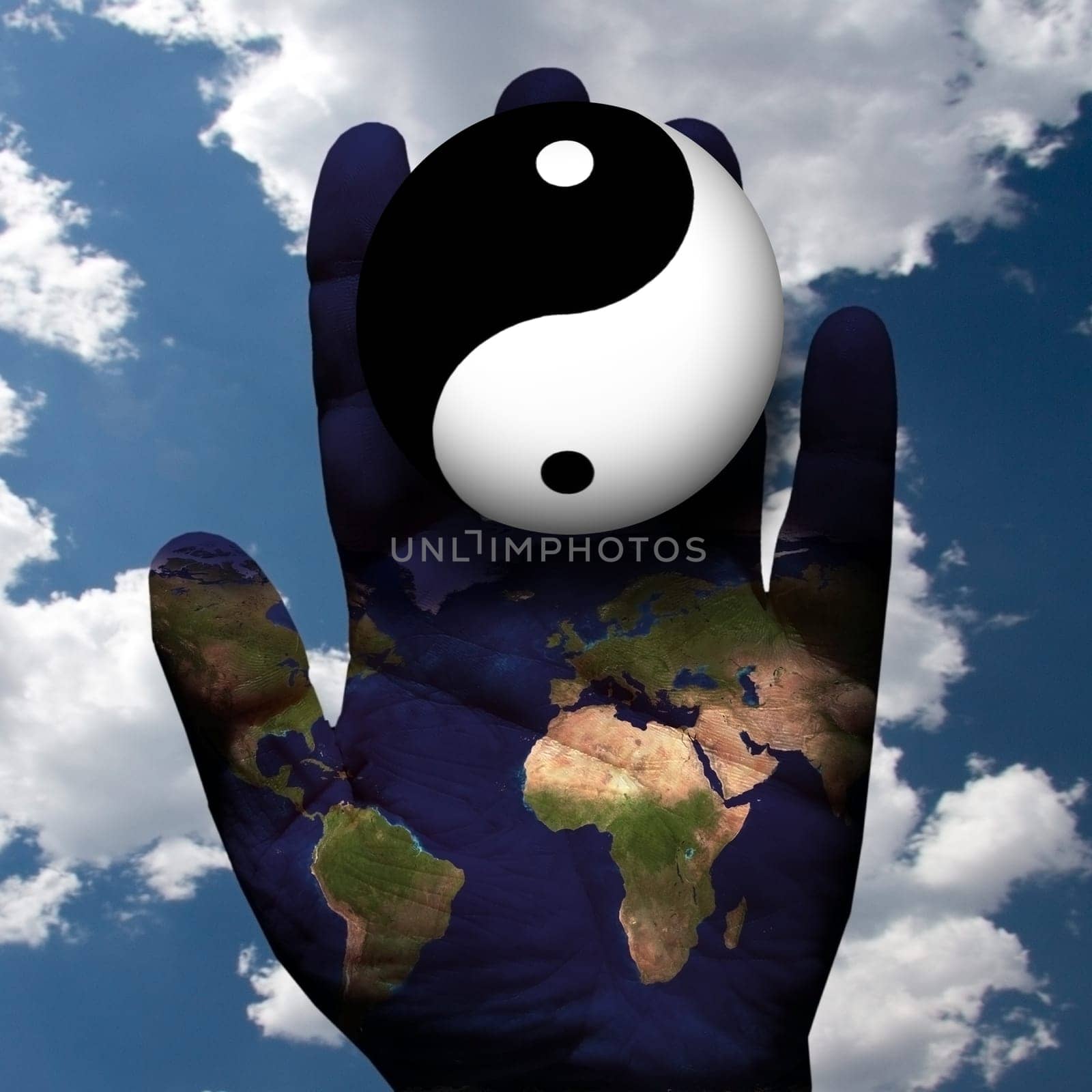 World Harmony. Yin - Yang sign on a human palm with Earth surface pattern
