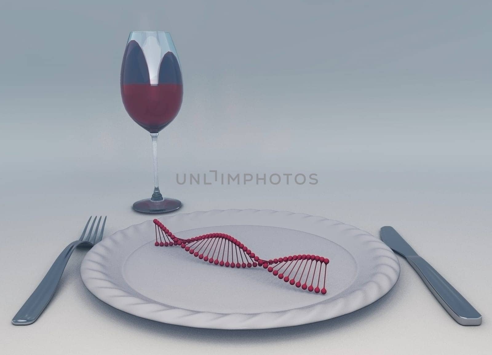 DNA chain on a plate. Glass of red wine, fork and knife
