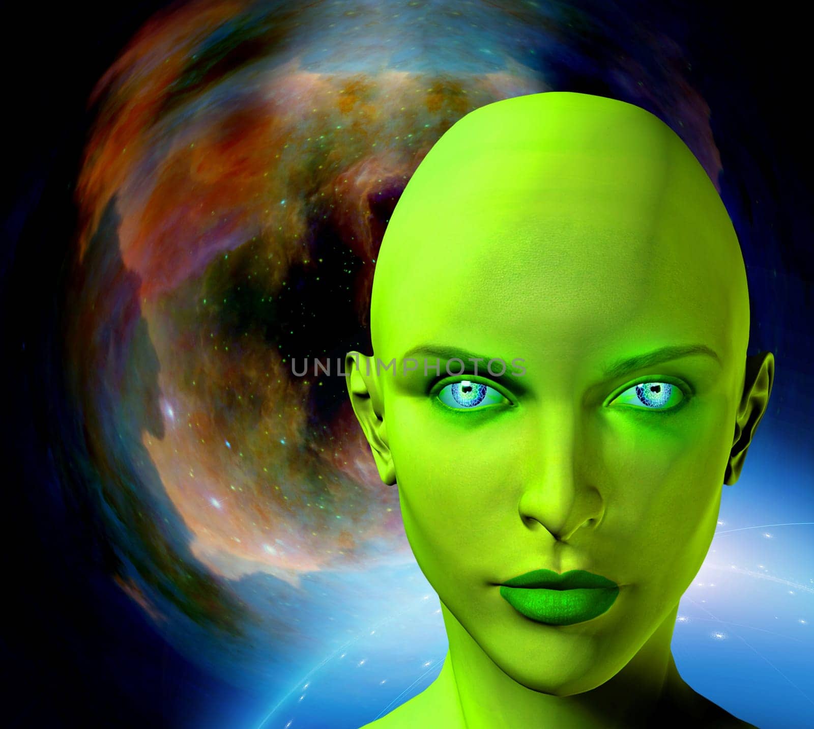 The face of female alien. Colorful universe on a background.