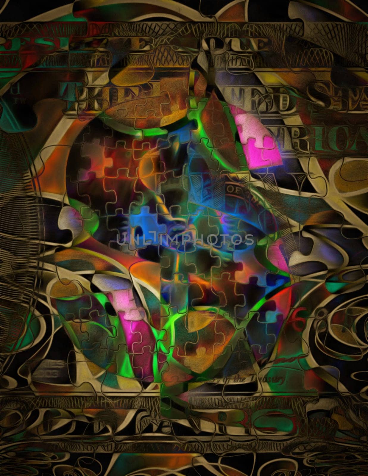 Abstraction with puzzle elements and banknote of 100 dollars. Symbolic Business