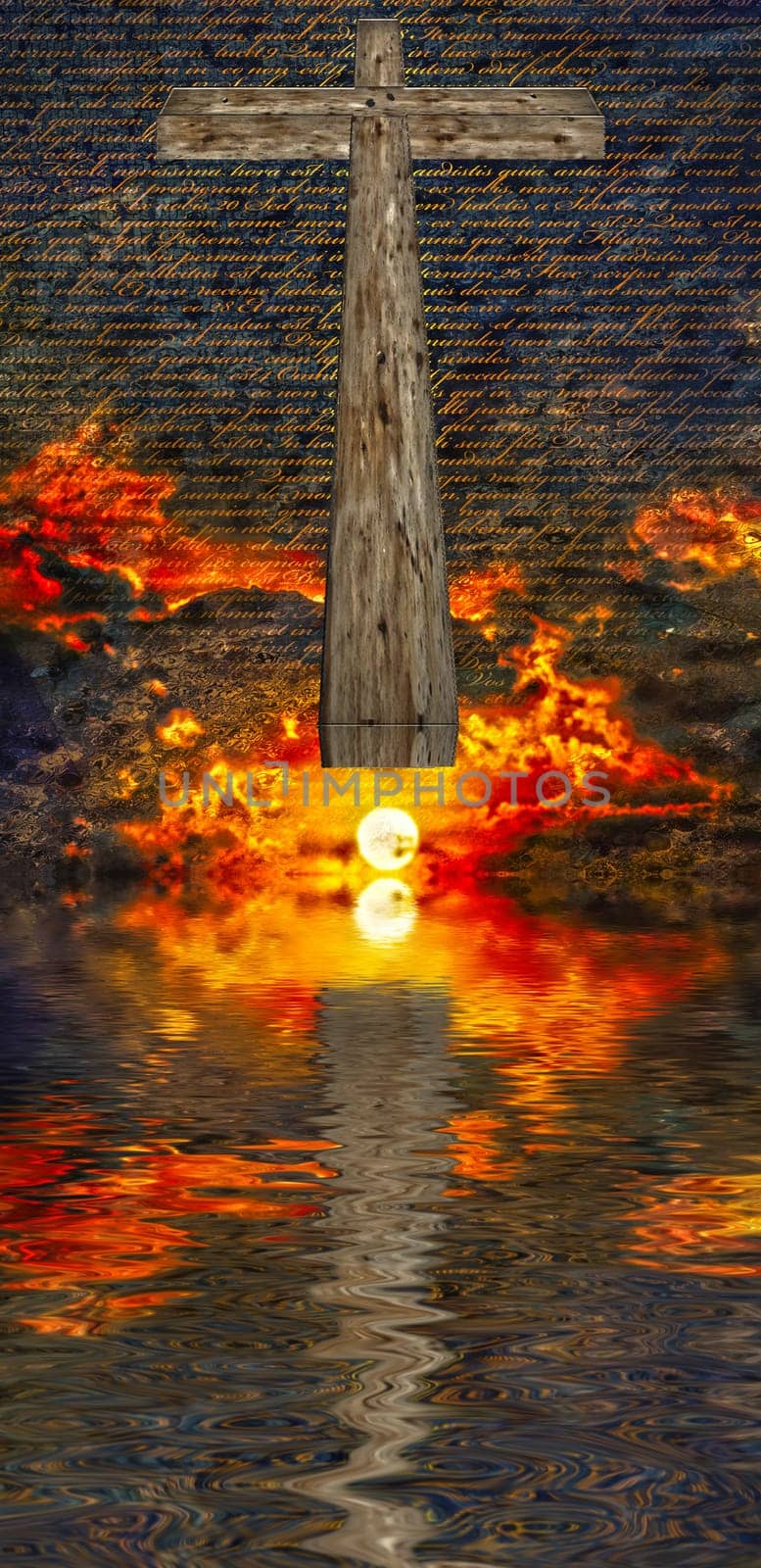 Surreal digital art. Christian wooden cross above water surface. Vivid subset. Latin text.