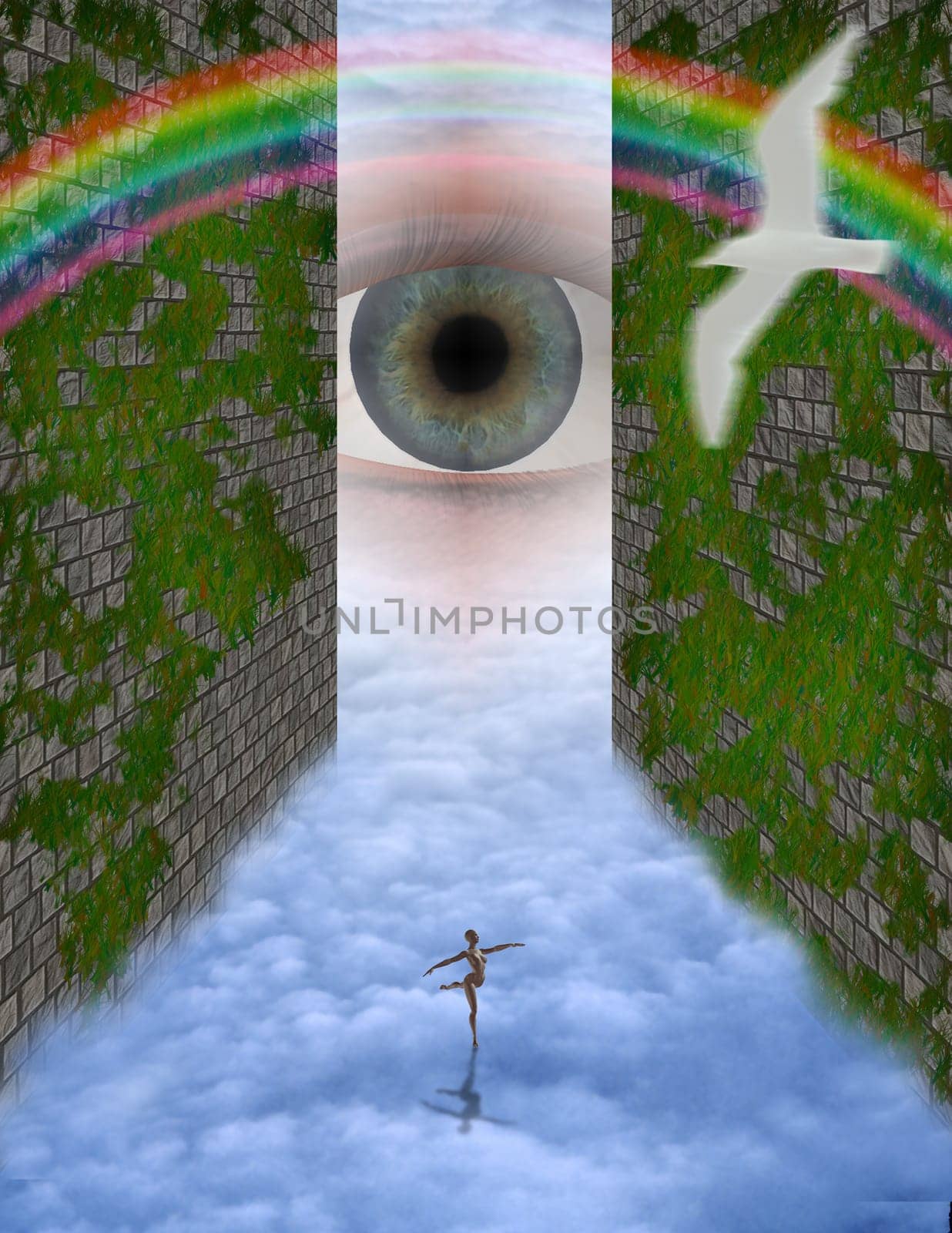 Ballerina dance in the sky. Giant eye, rainbow and bird silhouette