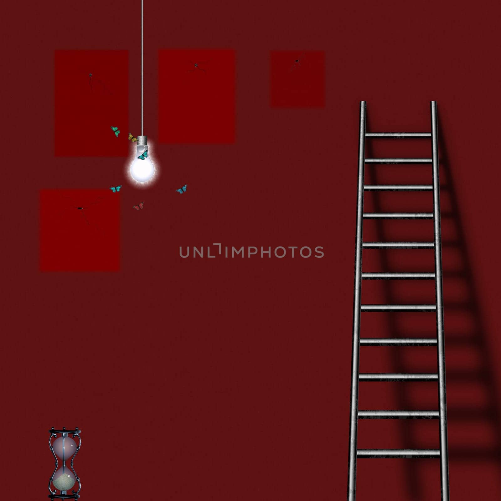 Ladder leans to red wall, hourglass. Butterflies around light bulb. Time wise