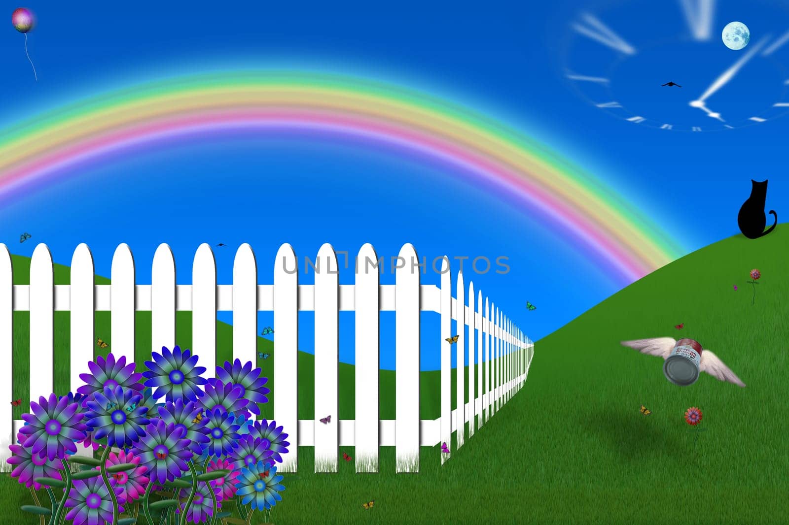 Surreal composition. Absurd backyard with white fence, winged can of soup, black cat and clock face in the sky.
