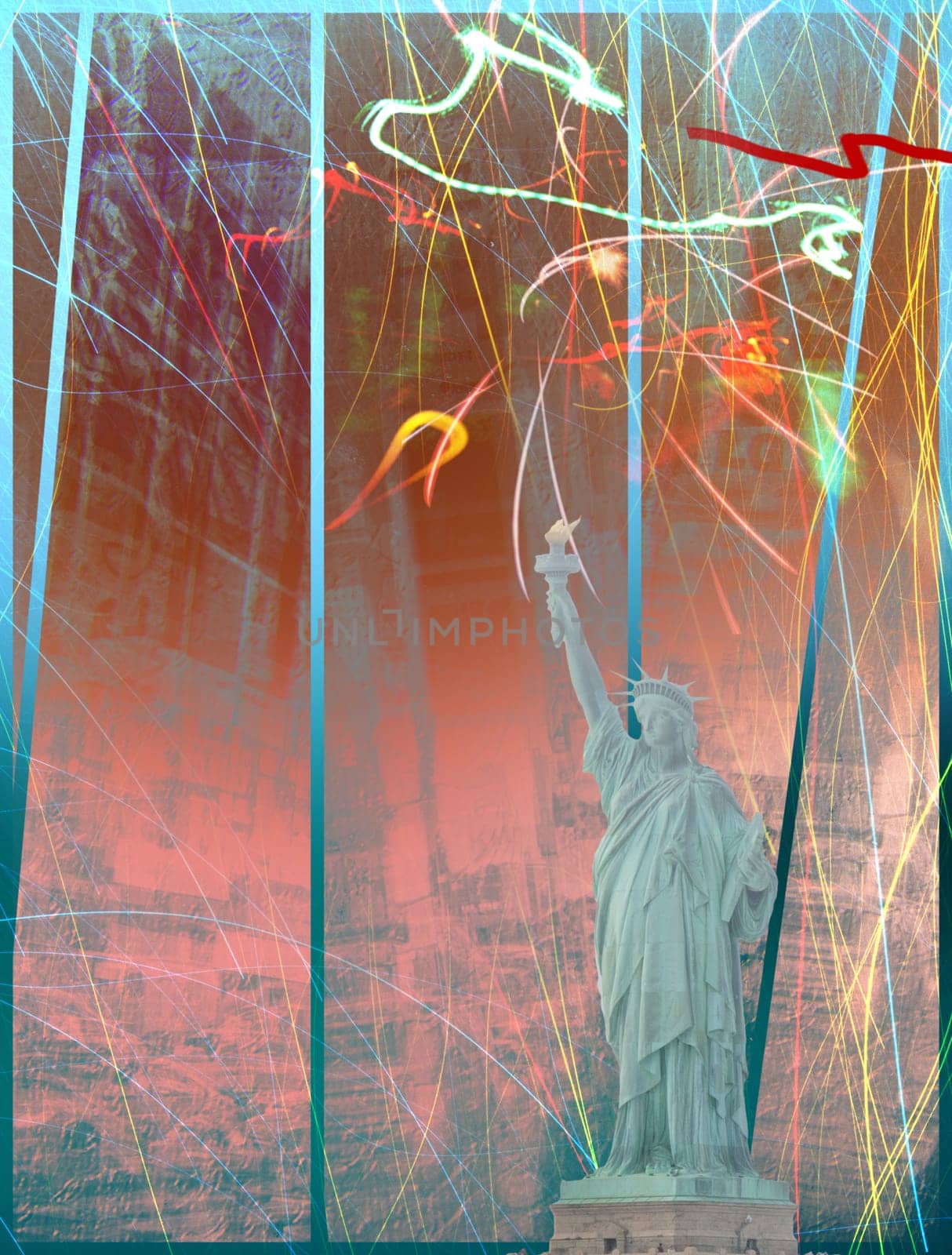 Abstract composition. Liberty statue. 3D rendering