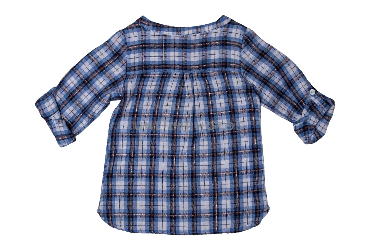 Children clothes. Fashionable blue checkered kids girl shirt with half-length sleeves isolated on a white background. Summer fashion. Back site.