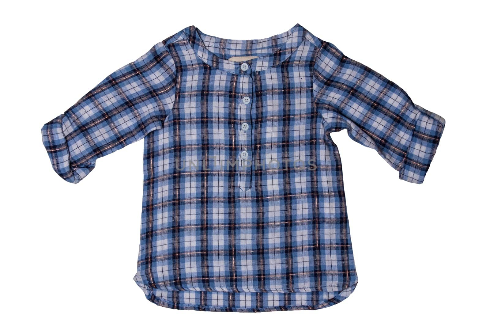 Children clothes. Fashionable blue checkered kids girl shirt with half-length sleeves isolated on a white background. Summer fashion.