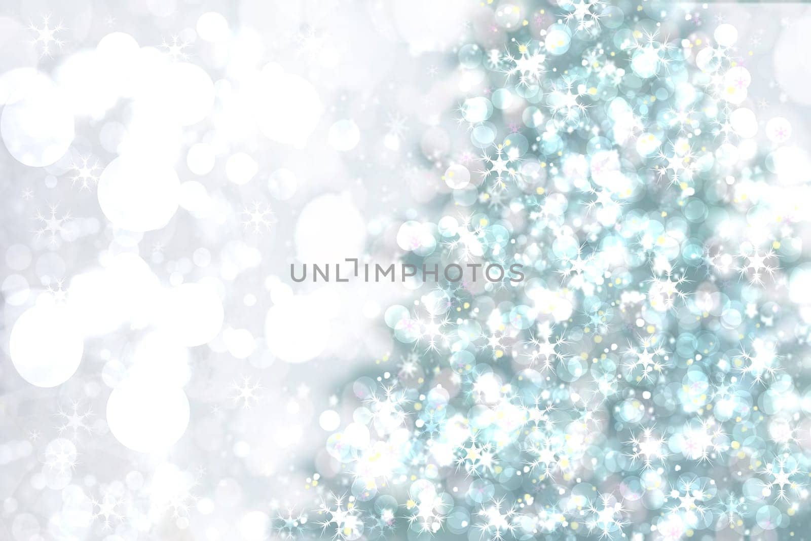 Abstract christmas tree bokeh background. Abstract blurred festive winter xmas backdrop texture with shiny silver and white bokeh snow lights. Space. Card concept.