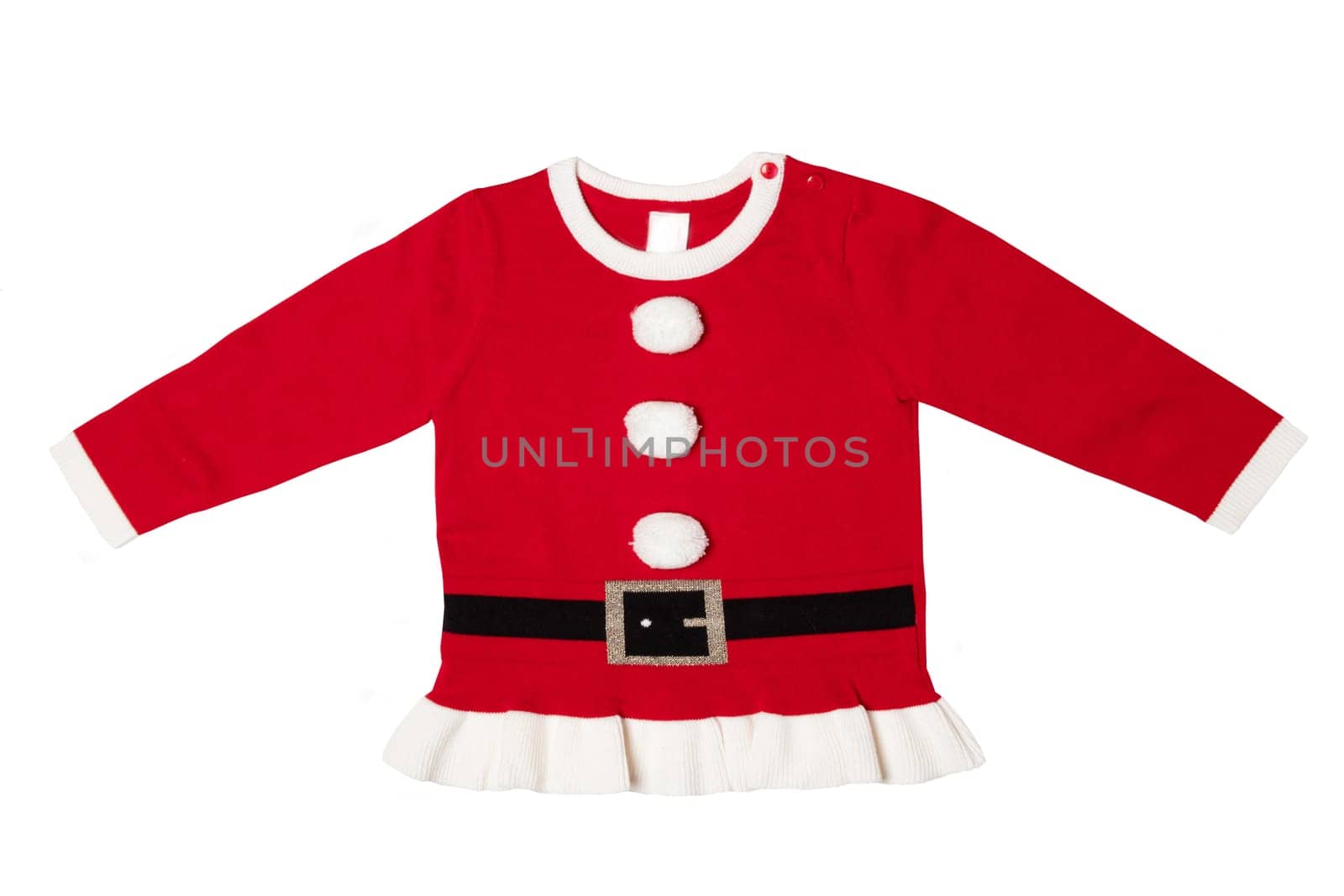 Christmas clothes. Red knitted christmas clothes isolated on a white background. Closeup of child girl sweater or jumper in Santa Claus design.
