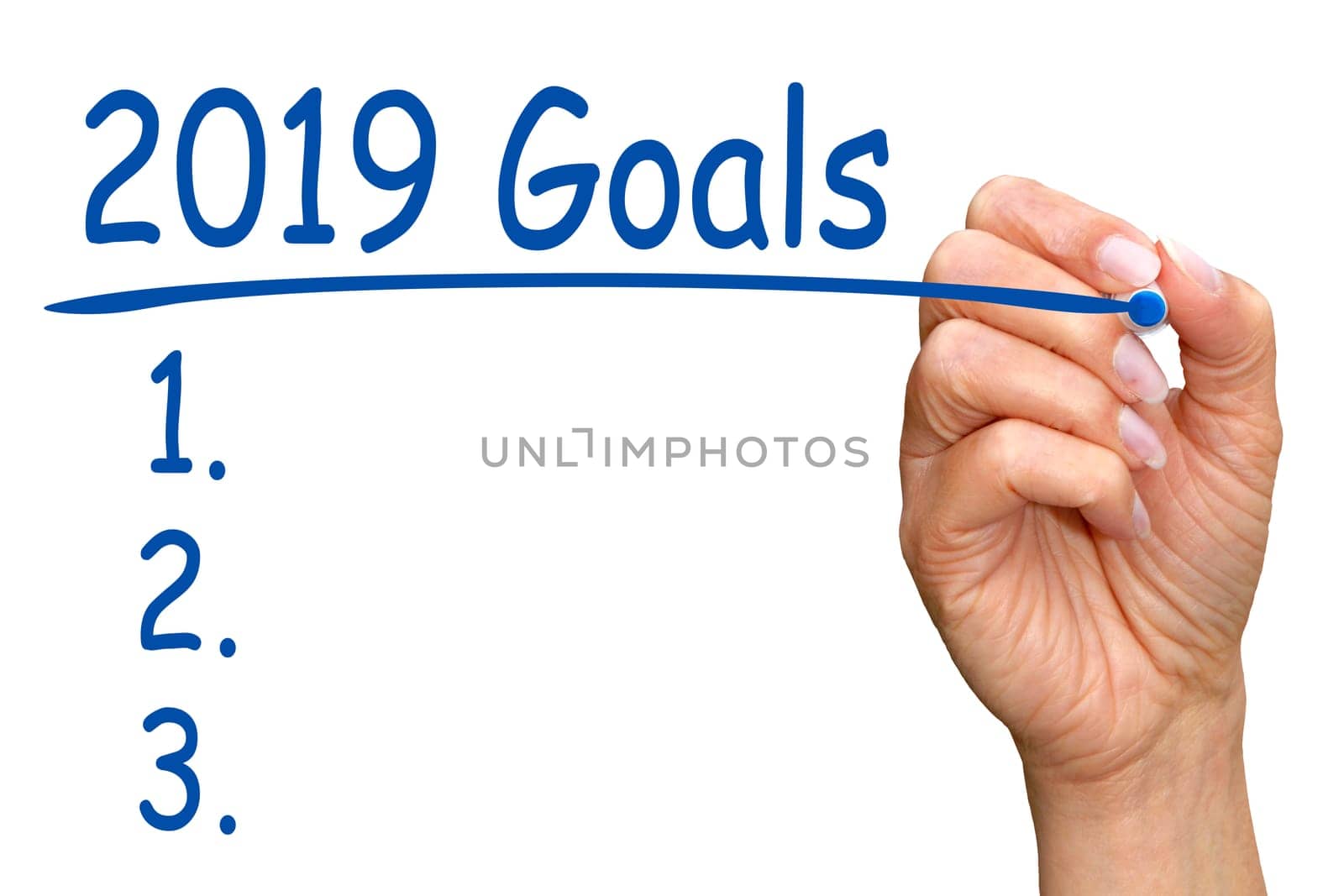 2019 Goals and Checklist - female hand with blue pen on white background