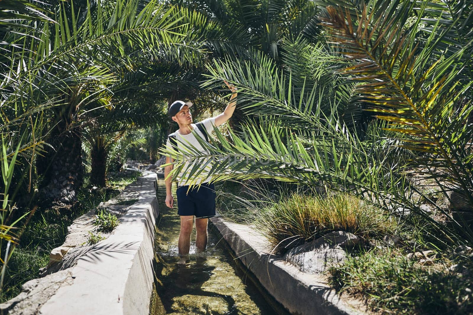 Young tourist is walking through water canal between palm trees. Wadi Bani Khalid, Sultanate of Oman.