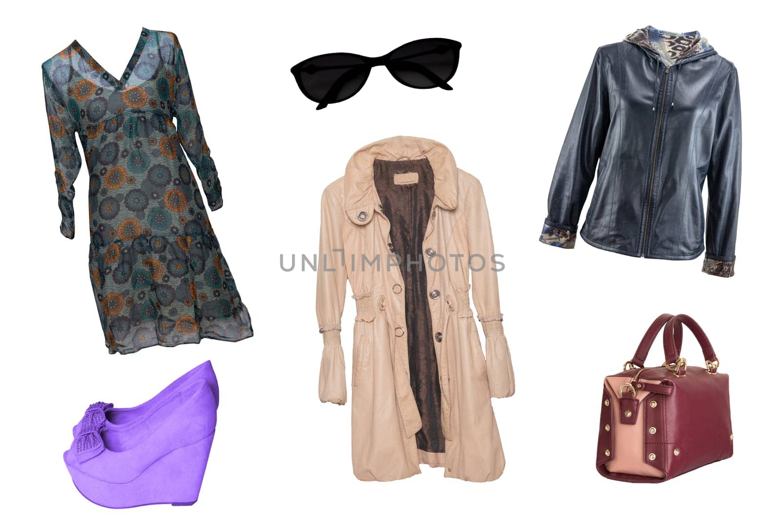 Collage woman clothes. Set of stylish and trendy women clothes and accessories isolated on a white background. Latest fashion trends.