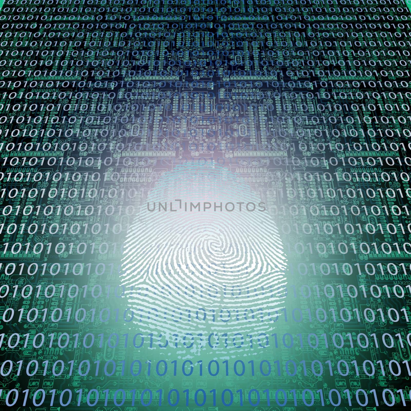 Machine Fingerprint. Binary code, circuit board pattern