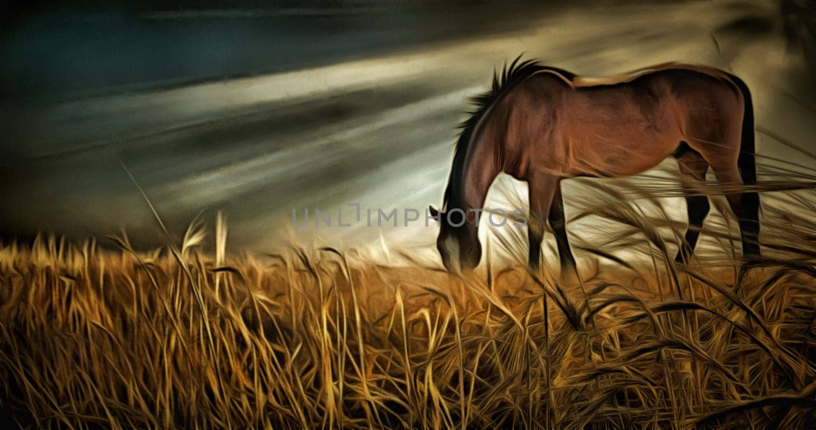 Oil painting. Horse grazes on the field. Sunbeams and dramatic clouds.