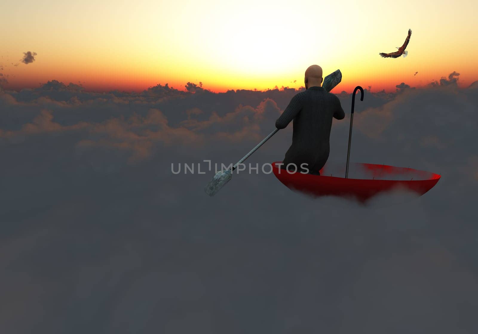 Surrealism. Man in a suit with paddle floats in red umbrella on clouds. Eagle flies in the sky.