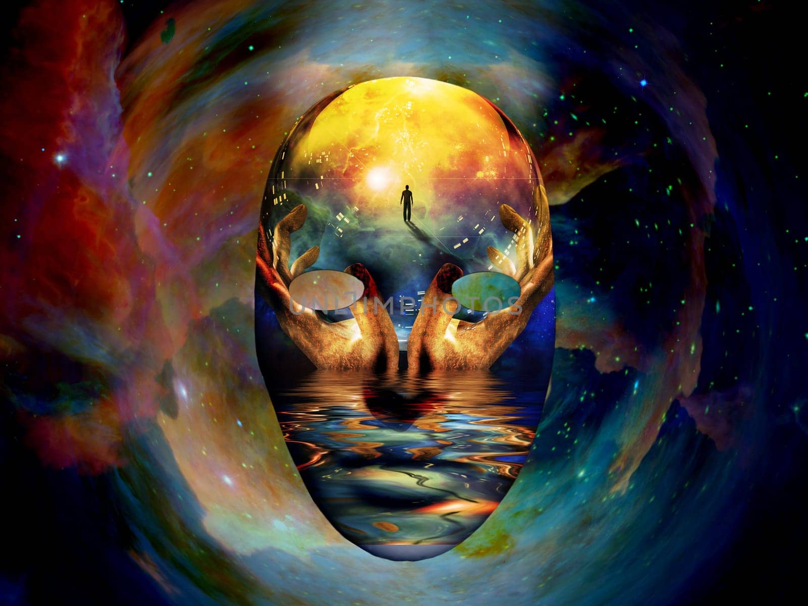 Mask with the image of man, hands of a prayer and seashore. Colorful universe on background.