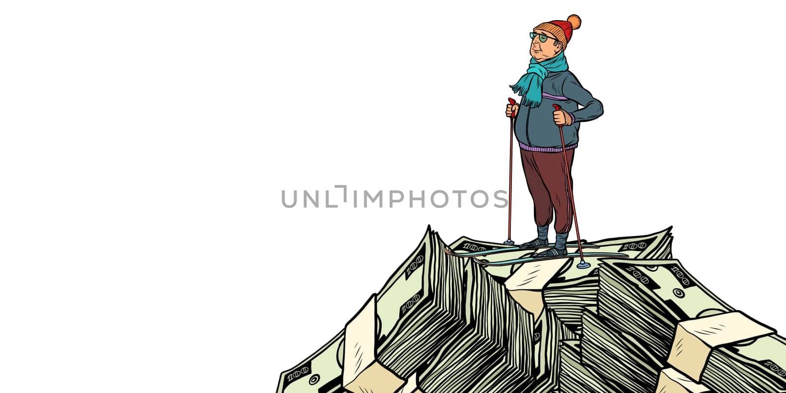 skier middle-aged man, Money dollars mountaintop. isolate on white background. Pop art retro vector illustration vintage kitsch