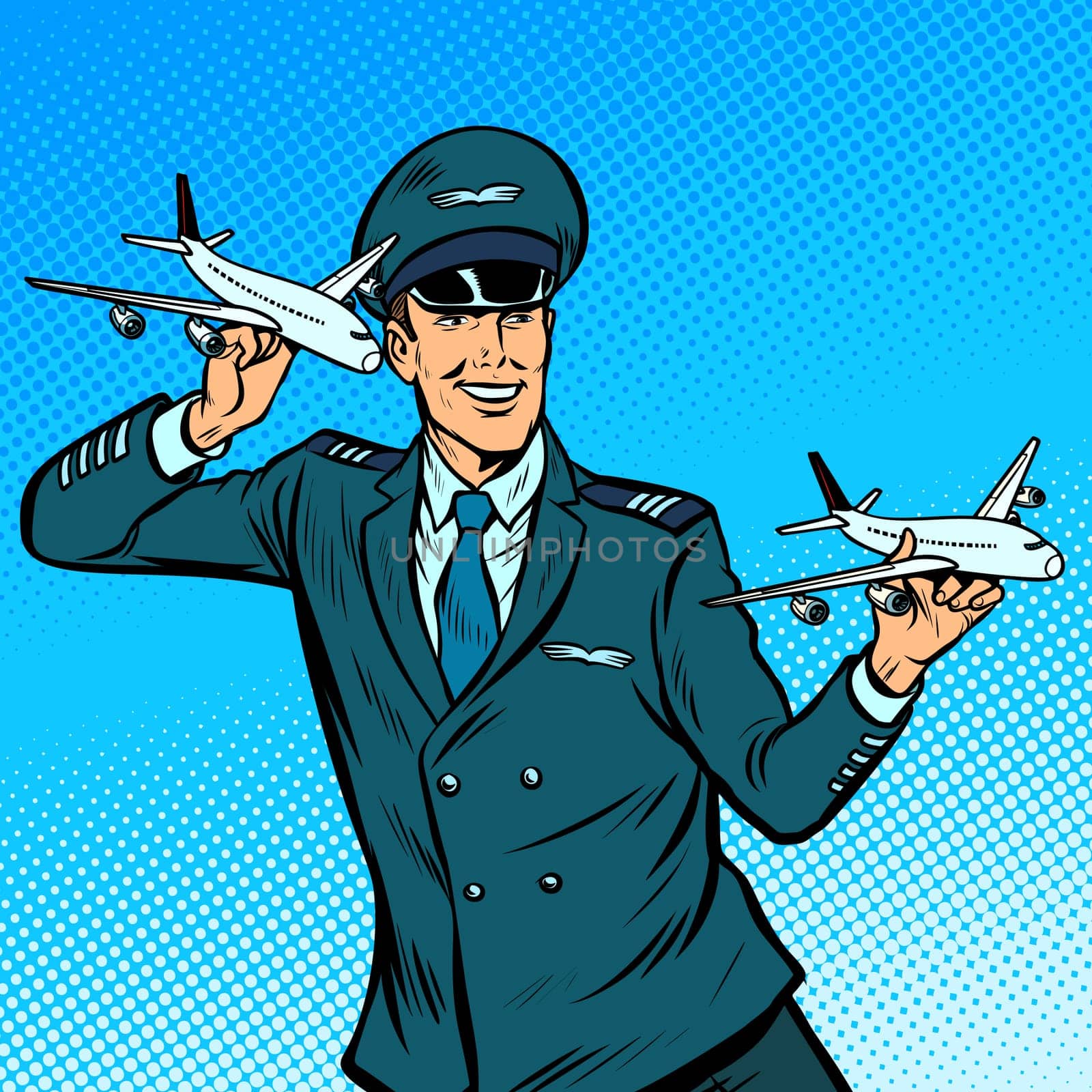 male airplane pilot. Model aircraft in hand. Pop art retro vector illustration kitsch vintage