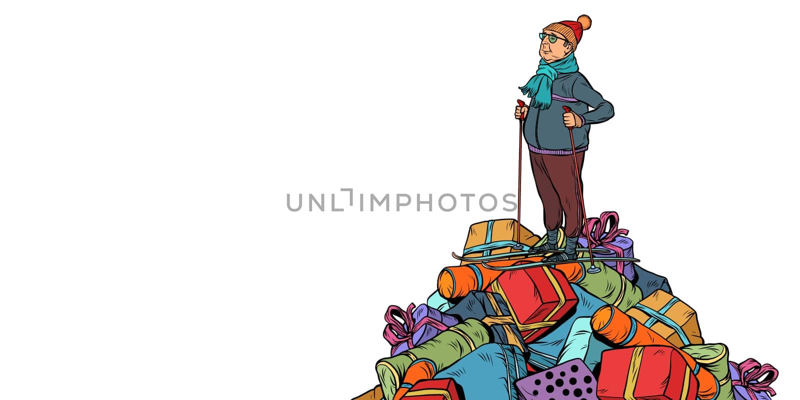 Christmas sale Shopping gifts. skier middle-aged man, On a mountaintop. Isolate on white background. Pop art retro vector illustration vintage kitsch