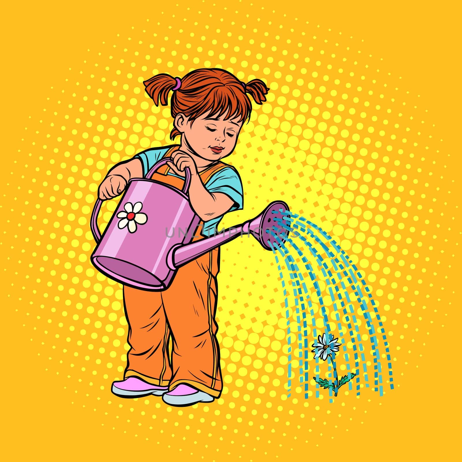 Girl watering can watering a flower. Pop art retro vector illustration kitsch vintage