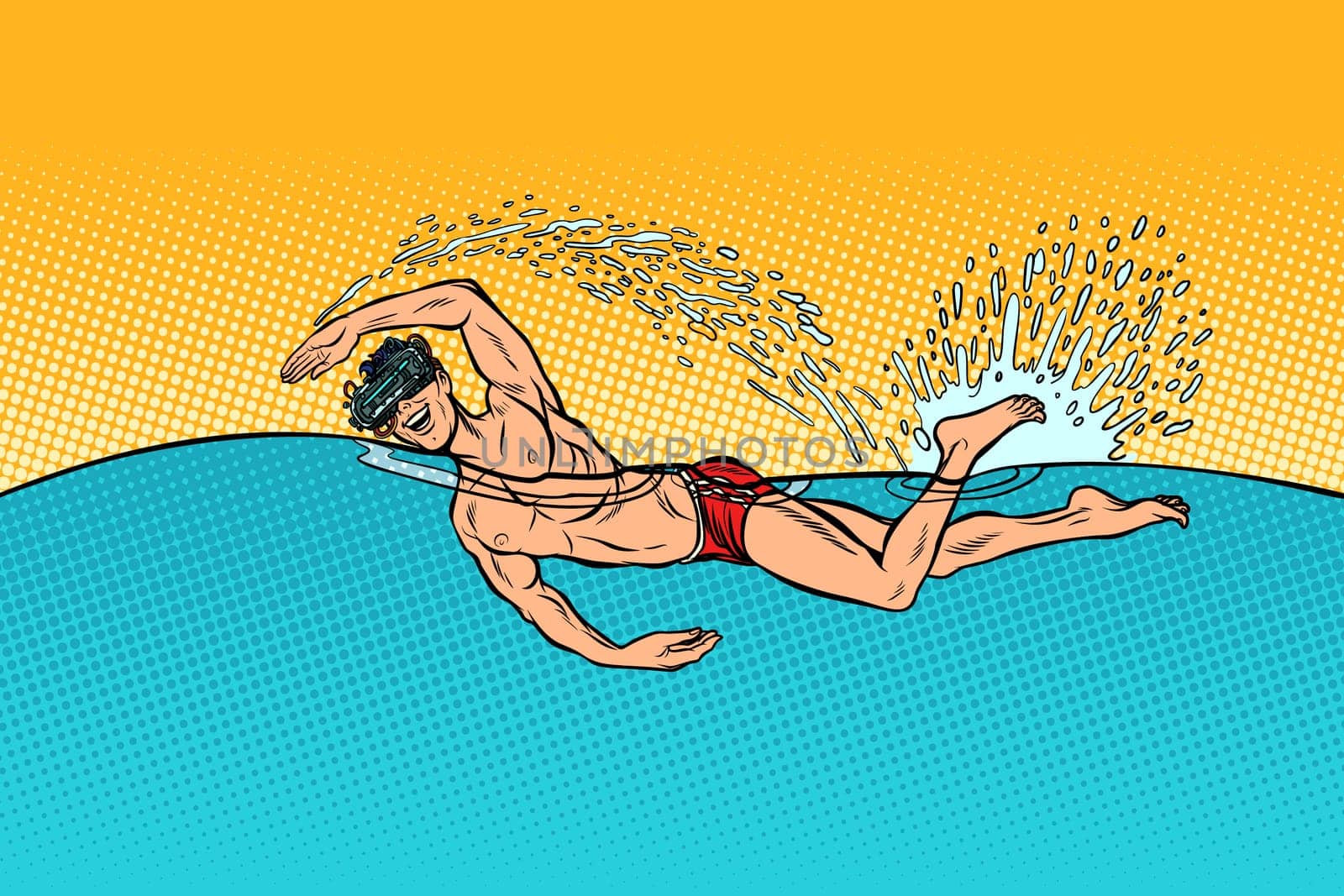 virtual reality glasses man swimmer swims. Pop art retro vector illustration vintage kitsch