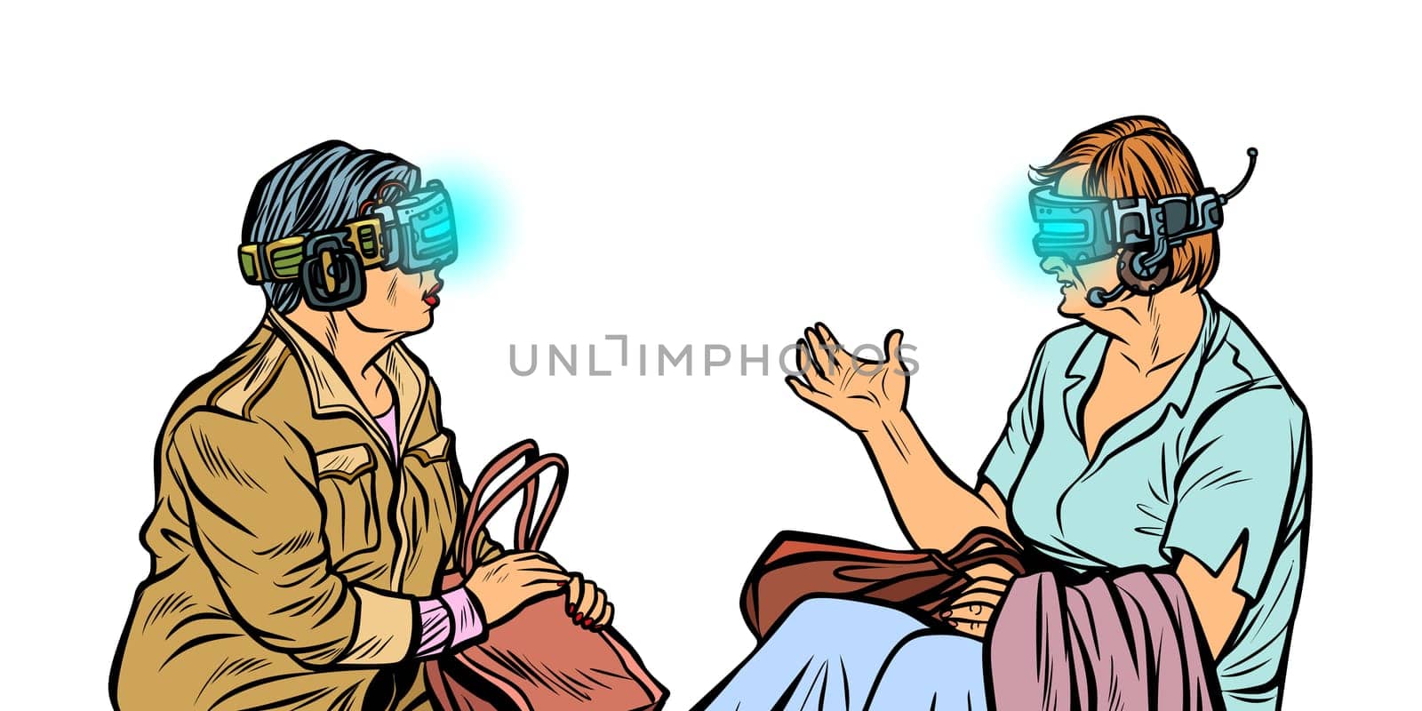 Older women in virtual reality, VR glasses. Pop art retro vector illustration vintage kitsch