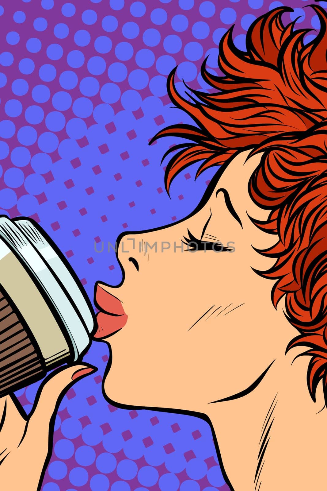 modern woman drinks a paper Cup of coffee. Pop art retro vector illustration. Girls 80s
