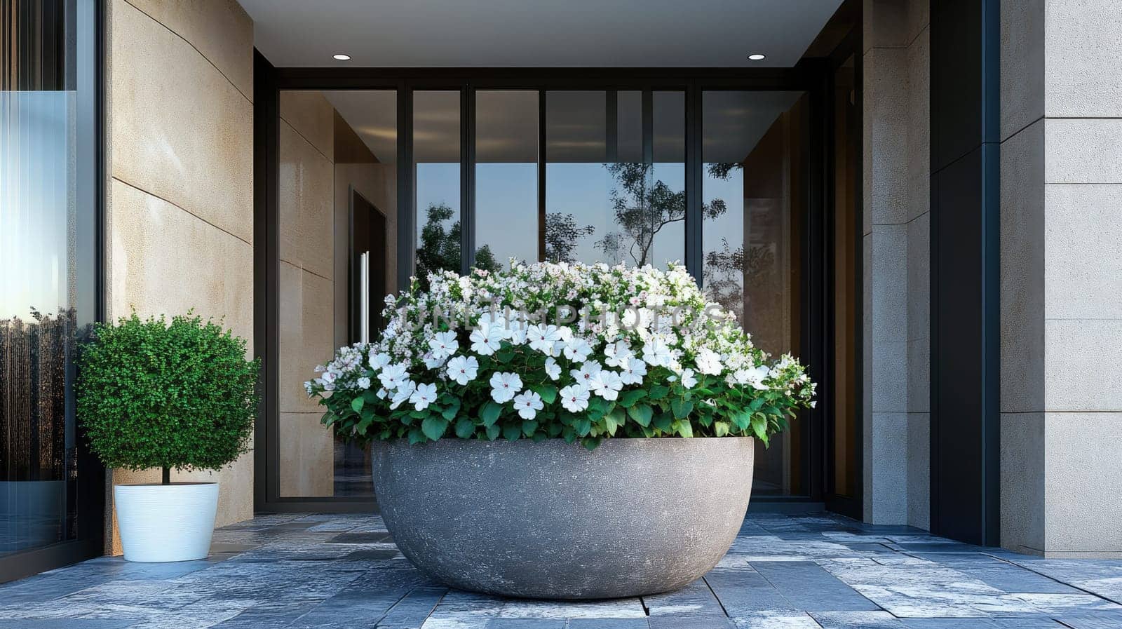 A contemporary entrance features a large round planter filled with vibrant white flowers. The stylish space is characterized by sleek stone flooring and glass doors, creating an inviting atmosphere.