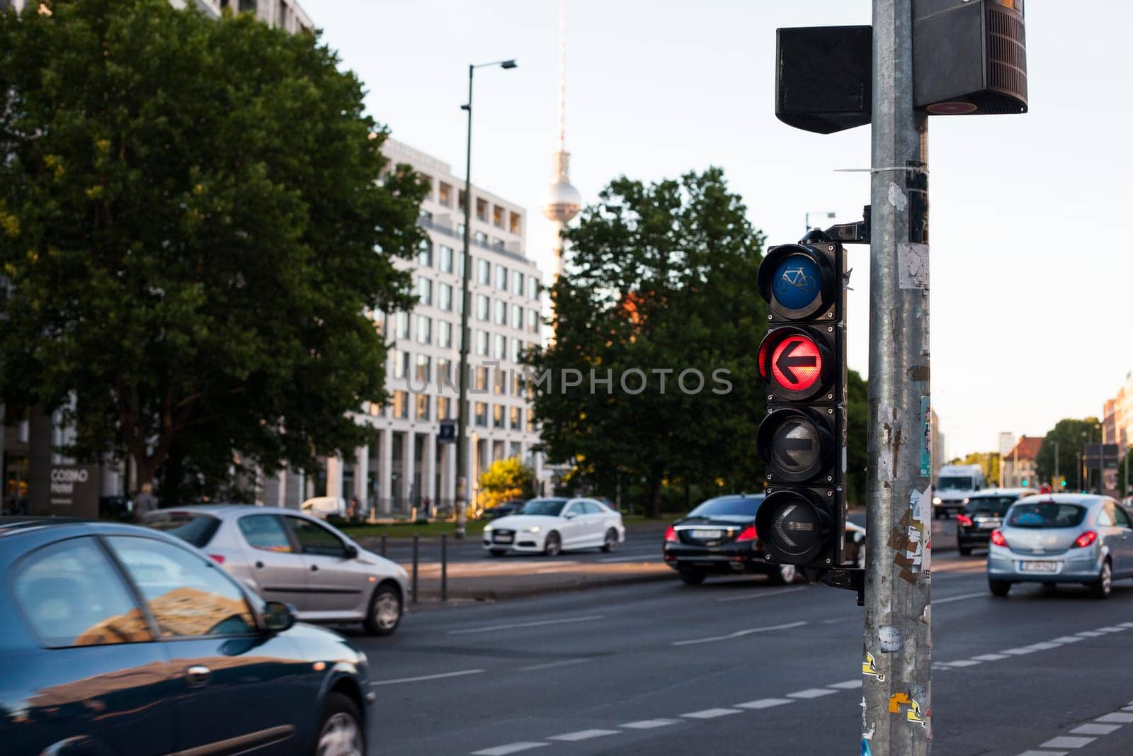 Traffic light in Berlin Germany. Walking and bicycle crossing, red sign