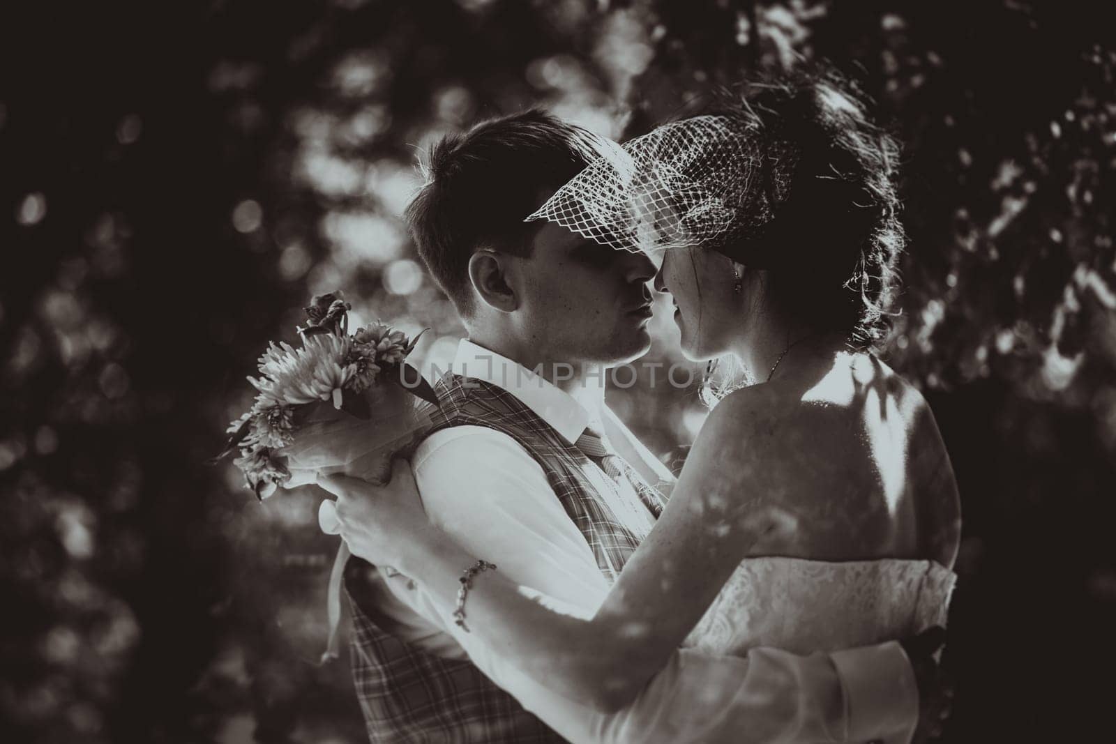 monochrome black and white photo of the wedding the bride and groom portrait